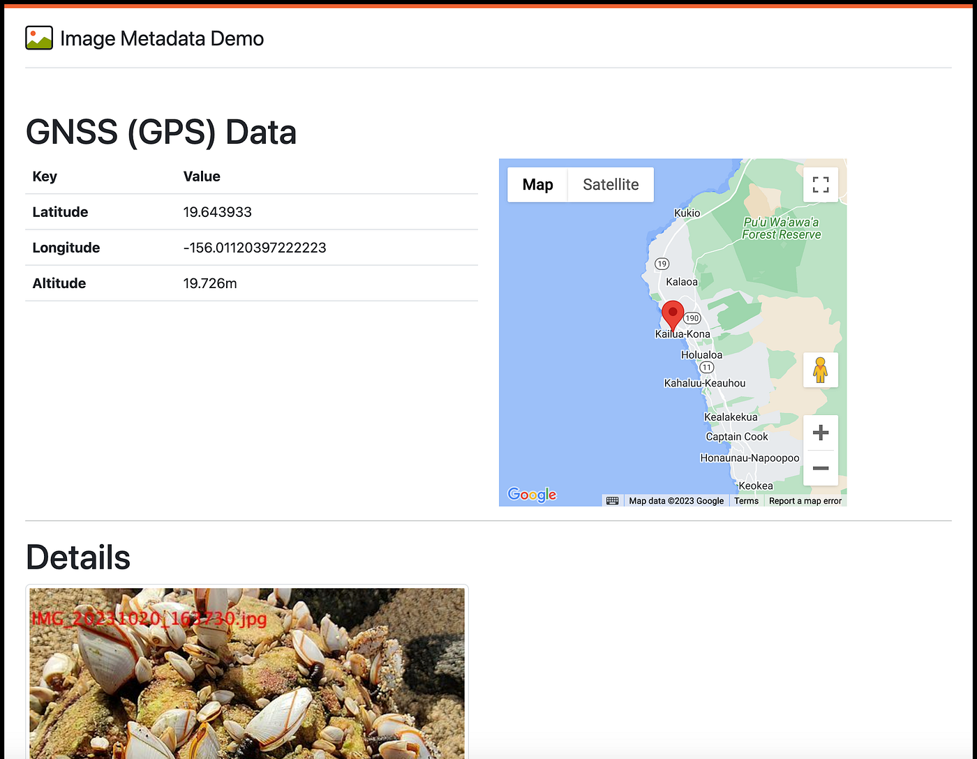 Image details showing a location map and extracted metadata