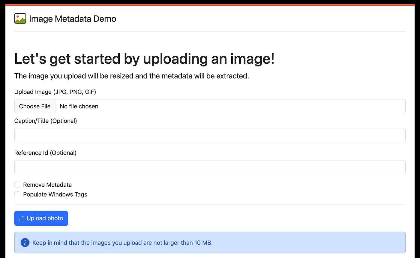 Image upload form with metadata and image processing options
