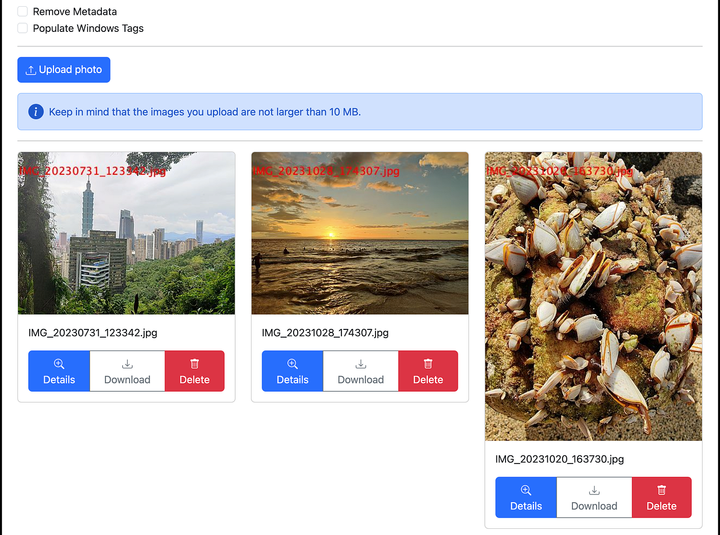 Uploaded photos displayed with filename labels